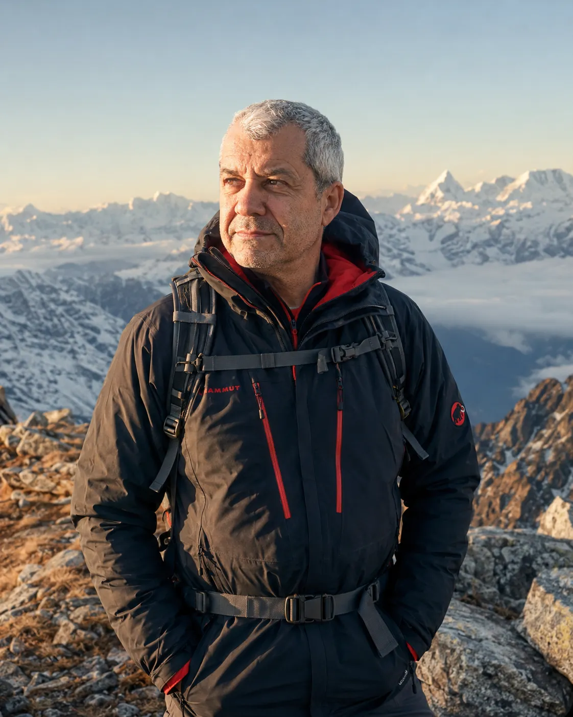 Euro Buchberger in vetta, di fronte alle montagne