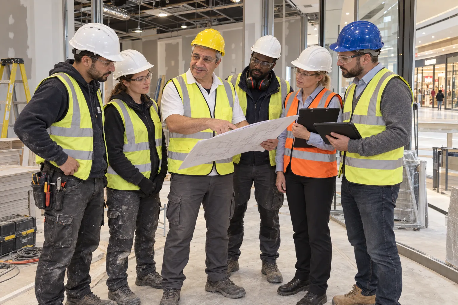 Euro Buchberger in cantiere con la squadra, sopra i disegni di progetto